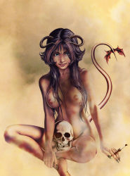 Rule 34 | 1girl, breasts, cigarette, demon girl, horns, long hair, medium breasts, nipples, nude, original, skull, smoking, solo, tail