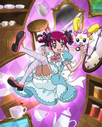 Rule 34 | 1girl, alice (alice in wonderland), alice (alice in wonderland) (cosplay), alice in wonderland, apron, black bow, bloomers, blue dress, bow, candy (smile precure!), clock, cosplay, cup, dress, drill hair, full body, highres, hoshizora miyuki, long hair, mary janes, mirror, official art, open mouth, pink bow, pink eyes, pink footwear, pink hair, precure, precure connection puzzlun, shoes, smile, smile precure!, solo, stool, teacup, third-party source, twin drills, underwear, white bloomers
