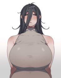 Rule 34 | 1girl, absurdres, ahoge, arms behind back, artist name, bare shoulders, black hair, blurry, blush, breasts, character request, collarbone, commentary request, copyright request, covered collarbone, depth of field, eyebrows hidden by hair, grey eyes, hair between eyes, half-closed eyes, highres, huge breasts, large breasts, long hair, looking at viewer, mole, mole under mouth, muroku (aimichiyo0526), open mouth, shadow, sidelocks, simple background, sleeveless, solo, taut clothes, twitter username, upper body, white background