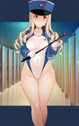 Rule 34 | 1girl, bare legs, bc freedom military uniform, blonde hair, blue hat, blue jacket, blurry, blurry background, breasts, collarbone, competition swimsuit, covered navel, cowboy shot, depth of field, drill hair, drill sidelocks, girls und panzer, gluteal fold, green eyes, hat, highres, holding, holding riding crop, holding stick, indoors, jacket, legs together, letterboxed, long hair, marie (girls und panzer), medium breasts, military jacket, nakamura yukitoshi, one-piece swimsuit, outside border, riding crop, sidelocks, smile, standing, stick, swimsuit, swimsuit under clothes, thigh gap, thighs, white one-piece swimsuit