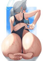 Rule 34 | adjusting clothes, adjusting swimsuit, animal ears, ass, ass focus, blue archive, cleft of venus, from behind, frontal wedgie, grey hair, highres, huge ass, kneeling, looking back, one-piece swimsuit, partially visible vulva, ponytail, shiroko (blue archive), shiroko (swimsuit) (blue archive), sitting, swimsuit, wariza, wedgie, wolf ears