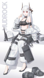 Rule 34 | 1girl, absurdres, arknights, armband, black choker, black collar, black tank top, boots, chenchuan (chenchuan epc), choker, collar, crop top, demon girl, demon horns, earrings, hammer, highres, horns, infection monitor (arknights), jewelry, long hair, material growth, midriff, mudrock (arknights), oripathy lesion (arknights), pointy ears, red eyes, sarashi, see-through, silver hair, sledgehammer, socks, sports bra, stomach, tank top, underwear, unworn boots