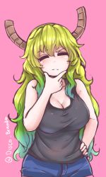 Rule 34 | 10s, 1girl, blonde hair, breasts, cleavage, commentary, disco brando, dragon girl, emoji, closed eyes, gradient hair, green hair, hand on own hip, hand on own chin, kobayashi-san chi no maidragon, large breasts, lucoa (maidragon), multicolored hair, no headwear, no headwear, pink background, shorts, simple background, solo, stroking own chin, tank top, thinking emoji, twitter username, wavy hair