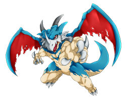Rule 34 | abs, aerov-dramon, artist request, claws, digimon, digimon (creature), dragon, dragon tail, dragon wings, full body, highres, horns, muscular, no humans, open mouth, pectorals, red eyes, sharp teeth, simple background, smile, solo, tail, teeth, white background, wings