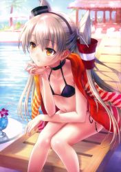 Rule 34 | 1girl, absurdres, amatsukaze (kancolle), bikini, black bikini, blush, breasts, brown eyes, choker, collarbone, cup, drinking glass, drinking straw, fingernails, goto p, hair ornament, hairband, hat, head rest, highres, huge filesize, jacket, jacket on shoulders, kantai collection, leaning forward, long hair, mini hat, mini top hat, navel, non-web source, palm tree, parted lips, poolside, scan, side-tie bikini bottom, silver hair, sitting, small breasts, solo, striped, swimsuit, top hat, tree, two side up, very long hair, water