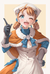 Rule 34 | 1girl, annette fantine dominic, bandana, black gloves, blue eyes, braid, breasts, cape, cleavage, dress, facing viewer, fire emblem, fire emblem: three houses, fire emblem warriors: three hopes, fur-trimmed cape, fur trim, gloves, hand on own hip, index finger raised, looking at viewer, nintendo, official alternate costume, official alternate hairstyle, one eye closed, open mouth, orange cape, orange hair, small breasts, smile, solo, ten (tenchan man), vambraces, white dress