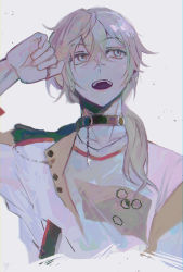 Rule 34 | 1boy, absurdres, black collar, collar, commentary request, cropped torso, ensemble stars!, grey background, grey eyes, grey hair, hair between eyes, highres, jacket, jewelry, kitsunekotori, long hair, male focus, open mouth, ponytail, shiina niki, shirt, simple background, sketch, solo, upper body
