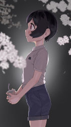 Rule 34 | 1girl, 2equal8, backlighting, black hair, blush, cup, drinking straw, female focus, flower, from side, grey background, highres, holding, holding cup, original, profile, sawada kanako, shirt, short hair, shorts, smile, solo, white shirt
