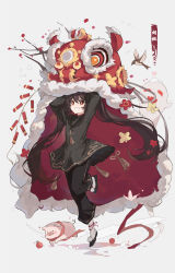 Rule 34 | 1girl, absurdres, alternate costume, animal, bird, black dress, black footwear, black hair, black pants, boo tao (genshin impact), chinese clothes, chinese text, dress, flower-shaped pupils, full body, genshin impact, ghost, highres, hu tao (genshin impact), leg up, long hair, long sleeves, open mouth, pants, pig, qilin (mythology), red eyes, simple background, smile, socks, solo, string, symbol-shaped pupils, twintails, very long hair, white socks, yajuu