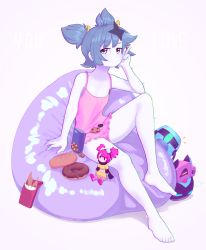 Rule 34 | 1girl, arm support, bare legs, barefoot, bean bag chair, blue eyes, blue hair, blush, buro (muse dash), camisole, character doll, character request, chromatic aberration, closed mouth, colored skin, commentary, cookie, doughnut, english commentary, flat chest, food, grey skin, hand up, highres, looking at viewer, muse dash, panties, pink panties, pocky, robot, short hair, signature, simple background, sitting, smile, solo, techrou (muse dash), twintails, underwear, w, white background, yoako
