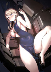 Rule 34 | 1girl, absurdres, bare arms, bare shoulders, black footwear, blonde hair, blue dress, blue eyes, blush, borrowed character, breasts, chinese commentary, cleavage, dress, high heels, highres, large breasts, open mouth, original, shizuoxing kof, side slit, sideboob, thighs