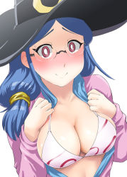 Rule 34 | 1girl, bikini, bikini top only, blue hair, blush, breasts, bright pupils, cleavage, cosplay, demi-chan wa kataritai, embarrassed, glasses, hat, large breasts, little witch academia, long hair, looking at viewer, open clothes, red eyes, rimless eyewear, satou sakie, satou sakie (cosplay), season connection, simple background, sketch, smile, solo, swimsuit, ueyama michirou, upper body, ursula callistis, white background, witch, witch hat