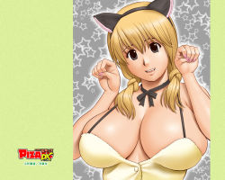 Rule 34 | 1girl, action pizazz, animal ears, breasts, cat ears, choker, cleavage, huge breasts, official art, official wallpaper, paw pose, saigado, short twintails, solo, twintails, wallpaper