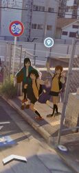 Rule 34 | 3girls, backpack, bag, black eyes, black hair, black skirt, brown hair, chain-link fence, chair, character request, closed eyes, closed mouth, collared shirt, commentary request, copyright request, day, double v, fence, full body, google maps, green jacket, high school girls posing for google street view (meme), highres, jacket, joshikousei no mudazukai, kikuchi akane, long hair, low twintails, meme, miniskirt, multiple girls, neck ribbon, open clothes, open jacket, open mouth, outdoors, photo background, pinosan, pleated skirt, puckered lips, red footwear, red ribbon, ribbon, saginomiya shiori, school chair, shirt, shoes, short hair, sidewalk, skirt, smile, sneakers, standing, standing on one leg, sweater, sweater vest, tactile paving, tanaka nozomu, twintails, v, white shirt, yellow sweater, yellow sweater vest