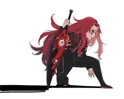 Rule 34 | 0o0onnk, 1girl, black bodysuit, bodysuit, cigarette, cropped jacket, gebura (project moon), highres, holding, holding sword, holding weapon, jacket, lobotomy corporation, long hair, long sleeves, looking to the side, on one knee, project moon, red hair, red jacket, simple background, solo, sword, very long hair, weapon, white background
