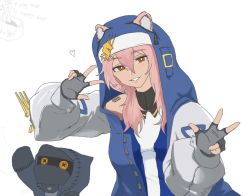 Rule 34 | 1girl, animal ears, arknights, barcode, barcode tattoo, blue jacket, bridget (guilty gear) (cosplay), brown eyes, character doll, cosplay, doctor (arknights), dokonjou (odossan), double w, ears through headwear, fingerless gloves, gloves, gravel (arknights), grey gloves, hands up, heart, hood, hood up, hooded jacket, jacket, long hair, long sleeves, looking at viewer, mouse ears, mouse girl, parted lips, pink hair, shirt, simple background, sleeveless, sleeveless shirt, smile, solo, stuffed toy, tattoo, w, white background, white shirt