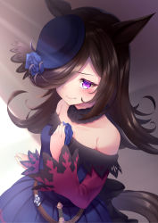 Rule 34 | 1girl, animal ears, bare shoulders, blue flower, blue hat, blue rose, blush, breasts, brown hair, collarbone, commentary request, cowboy shot, dress, flower, from above, fur collar, hair over one eye, hand on own chest, hand up, hat, hat flower, highres, horse ears, horse girl, horse tail, long hair, long sleeves, off-shoulder dress, off shoulder, purple dress, purple eyes, red sleeves, rice shower (umamusume), rose, small breasts, smile, solo, tail, tenton (henatyo), umamusume