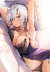 Rule 34 | 1girl, absurdres, armpits, arms up, bed, bed sheet, black bra, black panties, blush, bra, breasts, cleavage, commentary request, dark-skinned female, dark skin, glasses, hair between eyes, highres, holding, holding pillow, kantai collection, lace, lace-trimmed bra, lace-trimmed panties, lace trim, large breasts, lingerie, long hair, looking at viewer, lying, musashi (kancolle), musashi kai ni (kancolle), navel, on bed, on side, open mouth, panties, pillow, red eyes, smile, solo, twintails, underwear, underwear only, white hair, yunamaro