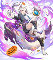 Rule 34 | 1girl, animal ears, candy, cookie, costume, fake animal ears, female focus, fire emblem, fire emblem awakening, fire emblem heroes, food, full body, fur trim, ghost, gloves, grima (fire emblem), halloween, halloween costume, highres, jack-o&#039;-lantern, lollipop, long hair, nintendo, official alternate costume, official art, open mouth, red eyes, robin (female) (fire emblem), robin (fire emblem), shorts, smile, solo, tail, teffish, thigh strap, transparent background, twintails, werewolf, white hair, wolf ears, wolf tail
