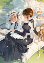 Rule 34 | 2girls, absurdres, apron, black dress, black footwear, blanket, blonde hair, blush, book, braid, brown hair, dress, food, from above, gloves, grass, hand on own cheek, hand on own face, high heels, highres, looking to the side, lying, maid, multiple girls, on stomach, original, outdoors, picnic basket, rrr (reason), sidelocks, sitting, twitter username, white dress, white gloves, white headwear