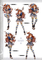 Rule 34 | 10s, 1girl, absurdres, arms up, backpack, bag, belt, boots, brown eyes, brown hair, character name, collarbone, cropped, fingerless gloves, full body, gloves, granblue fantasy, hand on own hip, hat, highres, holding, leg up, long hair, looking at viewer, mary (granblue fantasy), microphone, midriff, minaba hideo, miniskirt, navel, non-web source, official art, one eye closed, open mouth, skirt, smile, solo, standing, striped clothes, striped thighhighs, thighhighs, white gloves, zettai ryouiki