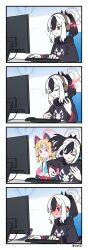 Rule 34 | 2girls, 4koma, :&lt;, animal ear headphones, animal ears, black coat, black hair, black sweater, blue archive, blue necktie, blunt bangs, blush, cat ear headphones, cat tail, coat, collared shirt, comic, commentary request, computer, demon girl, demon horns, embarrassed, fake animal ears, fake tail, full-face blush, hair between eyes, hair ribbon, halo, headphones, highres, holding mouse (computer), hood, hooded sweater, horns, jacket, kayoko (blue archive), keyboard (computer), listening to music, long hair, long sleeves, looking at another, mildtaste, momoi (blue archive), monitor, mouse (computer), multicolored hair, multiple girls, necktie, open clothes, open coat, parted lips, ponytail, red eyes, ribbon, school uniform, shirt, short hair, sidelocks, silent comic, suspenders, sweat, sweater, sweater jacket, nervous sweating, tail, tress ribbon, two-tone hair, v-shaped eyebrows, wavy mouth, white hair, white shirt