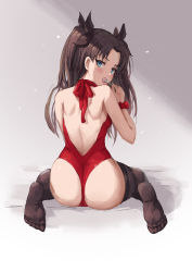 Rule 34 | 1girl, ass, bare shoulders, black ribbon, black thighhighs, blue eyes, blush, brown hair, candy, fate/grand order, fate (series), food, from behind, hair ribbon, holding, holding food, lollipop, long hair, looking back, mool yueguang, parted bangs, ribbon, shoulder blades, sidelocks, sitting, solo, thighhighs, tohsaka rin, two side up, wariza