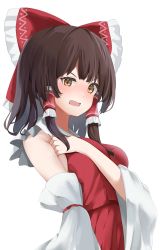 Rule 34 | 1girl, 258n, absurdres, bare shoulders, blush, bow, breasts, brown eyes, brown hair, collared dress, detached sleeves, dress, frills, hair ornament, hair tubes, hakurei reimu, hand on own chest, hand up, highres, long sleeves, looking at viewer, medium breasts, open mouth, red bow, red dress, short hair, simple background, solo, standing, teeth, touhou, v-shaped eyebrows, white background, wide sleeves