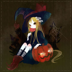 Rule 34 | 1girl, bad id, bad pixiv id, blonde hair, candy, eating, food, halloween, hat, jack-o&#039;-lantern, lollipop, long hair, pumpkin, socks, solo, striped clothes, striped socks, swirl lollipop, very long hair, witch, witch hat, xxxxakixxxx