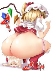 Rule 34 | 2girls, ass, ass focus, blonde hair, censored, closed eyes, commission, crystal, flandre scarlet, fujiko (emnprmn), full body, hat, hat ribbon, highres, huge ass, inubashiri momiji, looking at viewer, looking back, mob cap, mosaic censoring, multiple girls, one side up, open mouth, panties, pink panties, red eyes, red ribbon, red socks, ribbon, short hair, short sleeves, simple background, socks, squatting, touhou, underwear, white background, white hair, white headwear, wings