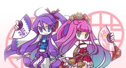 Rule 34 | 1boy, 1girl, blue eyes, bright pupils, chibi, closed mouth, detached sleeves, hand fan, folding fan, gradient hair, green eyes, halterneck, halterneck, headphones, japanese clothes, kamui gakupo, kobushi kiku, long hair, looking at viewer, multicolored hair, purple hair, smile, trait connection, vocaloid, vy1