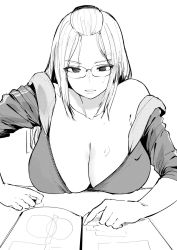 Rule 34 | 1girl, bangs pinned back, breast rest, breasts, breasts on table, cleavage, folded hair, glasses, greyscale, hair pulled back, highres, hood, hoodie, inne sulistya robin, large breasts, long hair, looking at viewer, monochrome, norman maggot, notebook, open clothes, open hoodie, original, pov, sleeves rolled up, solo, table, teacher, tutor, unzipped, white background