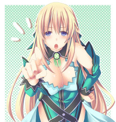 Rule 34 | 10s, 1girl, :o, annoyed, bare shoulders, bent over, blonde hair, blue eyes, breasts, cleavage, cleavage cutout, clothing cutout, female focus, half updo, hand on own hip, hanging breasts, hip focus, huge breasts, kami jigen game neptune v, large breasts, leaning forward, long hair, looking at viewer, minagi, neptune (series), open mouth, pointing, side slit, solo, uranaishi (miraura), vert, vert (neptunia), vert (ultra dimension) (neptunia), very long hair