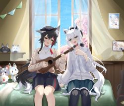 Rule 34 | 2girls, absurdres, ahoge, animal ear fluff, animal ears, bed, beret, black bow, black hair, black headwear, black legwear, black skirt, blush, bow, braid, brown vest, cherry blossoms, commentary request, curtains, day, earrings, fox ears, fox girl, fox tail, fubuchun, green eyes, green skirt, hair between eyes, hair bow, hair ornament, hat, highres, hiragi moka, hololive, indoors, instrument, jewelry, long hair, looking at another, miochun, miofa (ookami mio), multiple girls, music, necklace, ookami mio, ookami mio (street), open mouth, pantyhose, picture frame, playing instrument, red hair, ring, shirakami fubuki, shirakami fubuki (street), shirt, sidelocks, single braid, sitting, skirt, sukonbu (shirakami fubuki), sweater vest, tail, ukulele, vest, virtual youtuber, white hair, white shirt, window, wolf ears, wolf girl, yellow eyes