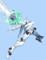 Rule 34 | absurdres, blue background, clenched hands, crystal, dynamic pose, highres, holding, holding sword, holding weapon, looking at viewer, mark sein, mecha, no humans, pochi (askas is god), robot, science fiction, simple background, solo, soukyuu no fafner, sword, visor, weapon