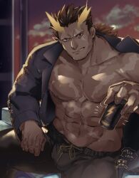Rule 34 | 1boy, abs, bara, bare pectorals, brown hair, bulge, character request, chibi, chibi inset, dark-skinned male, dark skin, facial hair, feet out of frame, highres, incoming drink, jacket, large pectorals, lightning bolt symbol, long hair, looking at viewer, male focus, mature male, muscular, muscular male, nanaisan (713), navel, navel hair, nipples, no shirt, off shoulder, open clothes, open jacket, pectorals, ponytail, scar, scar on chest, seductive smile, sitting, smile, solo, stubble, thick thighs, thighs, tokyo houkago summoners, translation request, veins, veiny hands