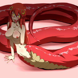 Rule 34 | 10s, 1girl, breasts, female focus, gradient background, hair ornament, hairclip, lamia, large breasts, long hair, long tongue, miia (monster musume), monster girl, monster musume no iru nichijou, navel, nipples, nude, pointy ears, pussy, red hair, scales, solo, tekuteku (yuuhodou), tongue, tongue out, yellow eyes