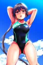 Rule 34 | 1girl, absurdres, akebono (kancolle), alternate breast size, arena (company), arms behind head, bell, black one-piece swimsuit, blue sky, cloud, competition swimsuit, flower, from below, grey hair, hair bell, hair flower, hair ornament, highres, kantai collection, long hair, looking at viewer, one-piece swimsuit, purple eyes, side ponytail, sky, solo, swimsuit, very long hair, yellow quokka