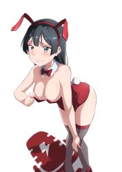 Rule 34 | 1girl, absurdres, animal ears, black hair, bow, bowtie, breasts, cleavage, commentary request, detached collar, grey eyes, grey thighhighs, highres, large breasts, leotard, long hair, love live!, love live! nijigasaki high school idol club, playboy bunny, rabbit ears, rabbit tail, red bow, red bowtie, red leotard, simple background, solo, strapless, strapless leotard, tail, thighhighs, white background, yuki setsuna (love live!), zasshoku ojisan
