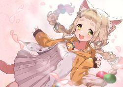 Rule 34 | 1girl, ame8desu, animal ears, bare legs, blonde hair, blush, braid, breasts, cat ears, cat girl, coat, dress, hair ornament, hand up, long hair, looking at viewer, machita chima, mascot, medium breasts, nijisanji, open mouth, petals, simple background, smile, solo, standing, thick eyebrows, twintails, virtual youtuber