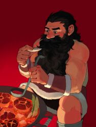 Rule 34 | 1boy, beard, blush, brown hair, cooking, dungeon meshi, dwarf, facial hair, feet out of frame, food, highres, long beard, male focus, mature male, meat, miamitu-illust, muscular, muscular male, mustache, senshi (dungeon meshi), sitting, sleeveless, solo, spread legs, thick eyebrows, thick mustache, very long beard, wok, wrinkled skin