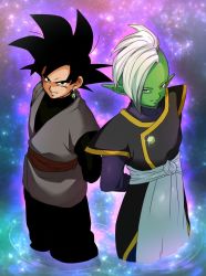 Rule 34 | 10s, 2boys, arms behind back, back-to-back, black eyes, black hair, colored skin, dougi, dragon ball, dragon ball super, earrings, egyptian clothes, goku black, green skin, grey eyes, jewelry, long sleeves, looking at viewer, male focus, mohawk, multiple boys, official style, petagon, pointy ears, short hair, smile, spiked hair, star (symbol), starry background, white hair, zamasu