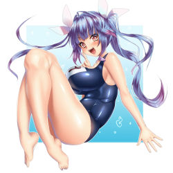 Rule 34 | 10s, 1girl, air bubble, bare shoulders, barefoot, blue hair, blunt bangs, blush, breasts, bubble, eyebrows, fang, female focus, fetal position, finger to face, from side, full body, gradient hair, hair ribbon, i-19 (kancolle), impossible clothes, impossible swimsuit, index finger raised, kantai collection, keita (tundereyuina), large breasts, long hair, looking at viewer, multicolored hair, name tag, one-piece swimsuit, open mouth, plantar flexion, purple hair, red eyes, ribbon, school swimsuit, shiny clothes, shiny skin, solo, star-shaped pupils, star (symbol), swimsuit, symbol-shaped pupils, tongue, tri tails