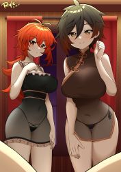 Rule 34 | 2girls, absurdres, blush, breasts, brown hair, china dress, chinese clothes, covered navel, diluc (genshin impact), dress, genderswap, genderswap (mtf), genshin impact, half-closed eyes, highleg, highleg panties, highres, indoors, large breasts, leaning forward, lingerie, looking at viewer, low ponytail, multiple girls, panties, pov, red eyes, red hair, ryle, see-through, side-tie panties, smile, standing, underwear, window, yellow eyes, zhongli (genshin impact)