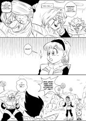 Rule 34 | 1girl, 4boys, ?, ??, absurdres, armor, ball, blunt bangs, braid, broken armor, bulma, cape, clenched hands, clenched teeth, closed eyes, comic, commentary, dodoria, dragon ball, dragon ball (object), dragonball z, english commentary, english text, funsexydb, greyscale, hairband, highres, holding, holding ball, kuririn, monochrome, multiple boys, open mouth, scouter, shared thought bubble, shoulder armor, single braid, smile, teeth, thought bubble, tree, vegeta, zarbon