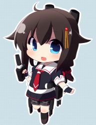 Rule 34 | 1girl, ahoge, black gloves, black hair, black shirt, black skirt, black socks, blue background, bow, braid, brown footwear, cannon, chibi, commentary request, fingerless gloves, full body, gloves, hair bow, hair flaps, hair ornament, highres, holding, kantai collection, long hair, machinery, necktie, outline, pleated skirt, puffy short sleeves, puffy sleeves, red bow, red necktie, rensei, shigure (kancolle), shirt, shoes, short sleeves, single braid, skirt, socks, solo, standing, standing on one leg, turret, white outline