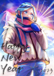 Rule 34 | 1boy, 2023, absurdres, blue eyes, blue hair, blue mittens, blue pants, commentary request, cowboy shot, creatures (company), game freak, grusha (pokemon), hand in pocket, hand up, happy new year, highres, jacket, long sleeves, male focus, mittens, new year, nintendo, pants, poke ball print, pokemon, pokemon sv, sanomi pori, scarf, scarf over mouth, solo, striped clothes, striped scarf, yellow jacket