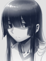 Rule 34 | 1girl, bags under eyes, blue theme, boa (brianoa), closed mouth, empty eyes, greyscale, hair between eyes, highres, houraisan kaguya, jitome, long hair, looking at viewer, monochrome, portrait, shirt, solo, touhou