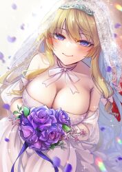 Rule 34 | 1girl, alternate costume, blonde hair, blush, bouquet, bow, breasts, bridal veil, choker, cleavage, closed mouth, commentary request, commission, dress, falling petals, flower, hair bow, holding, holding bouquet, kinese (katasutorohu), large breasts, looking at viewer, off-shoulder dress, off shoulder, petals, pink bow, purple eyes, purple flower, purple petals, ribbon choker, skeb commission, smile, solo, sparkle, tiara, touhou, veil, wedding dress, white dress, yakumo yukari