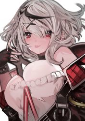 Rule 34 | 1girl, absurdres, black hair, breasts, camisole, cleavage, fingerless gloves, frilled camisole, frills, gloves, grey hair, highres, hololive, large breasts, medium hair, multicolored hair, off-shoulder jacket, off shoulder, red eyes, sakamata chloe, simple background, solo, streaked hair, tarbo (exxxpiation), virtual youtuber, white background, white camisole